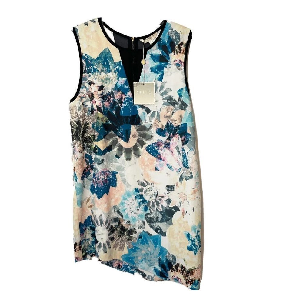 Shilla Womens Revolution Print Asymmetric Mini Shift Dress Blue S Sleeveless NWT